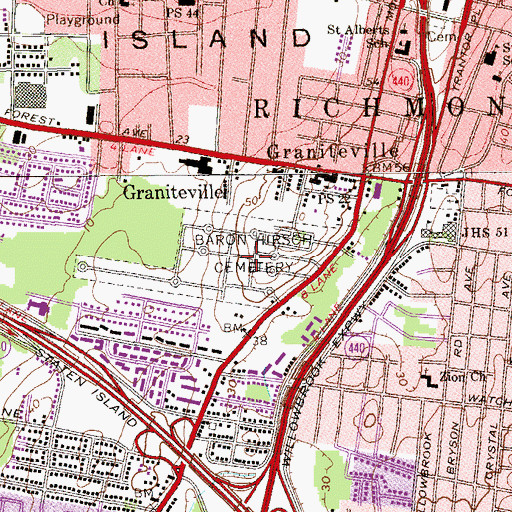 Topographic Map of Baron Hirsch Cemetery, NY