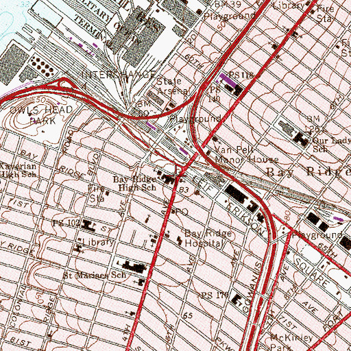 Topographic Map of Bay Ridge High School, NY