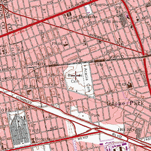 Topographic Map of Bayside Cemetery, NY