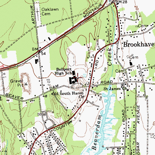 Topographic Map of Bellport High School, NY