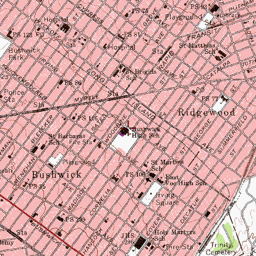 Topographic Map of Bushwick High School, NY