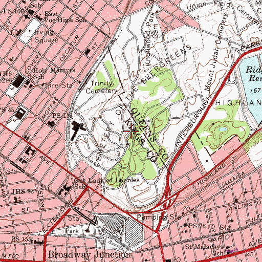 Topographic Map of The Evergreens Cemetery, NY