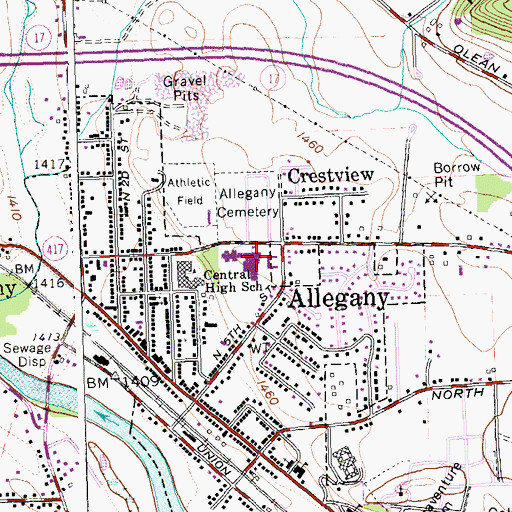 Topographic Map of Central High School (historical), NY