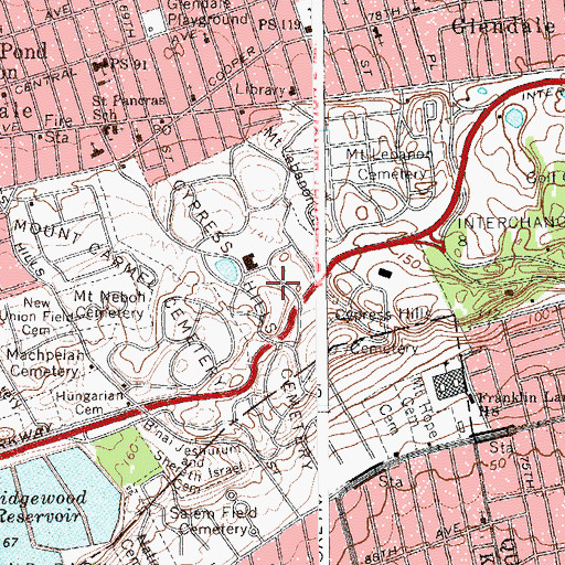 Topographic Map of Cypress Hills Cemetery, NY