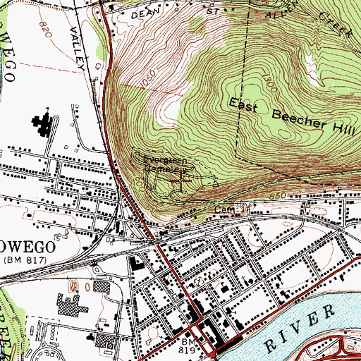 Topographic Map of Evergreen Cemetery, NY