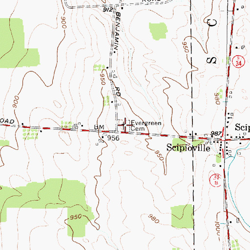 Topographic Map of Evergreen Cemetery, NY