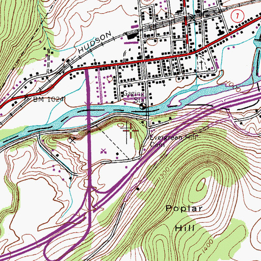 Topographic Map of Evergreen Hill Cemetery, NY