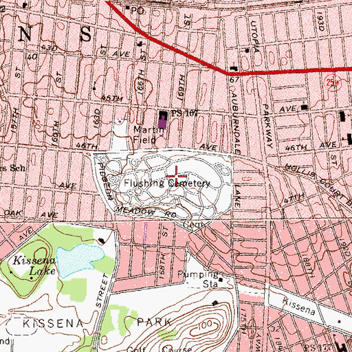 Topographic Map of Flushing Cemetery, NY