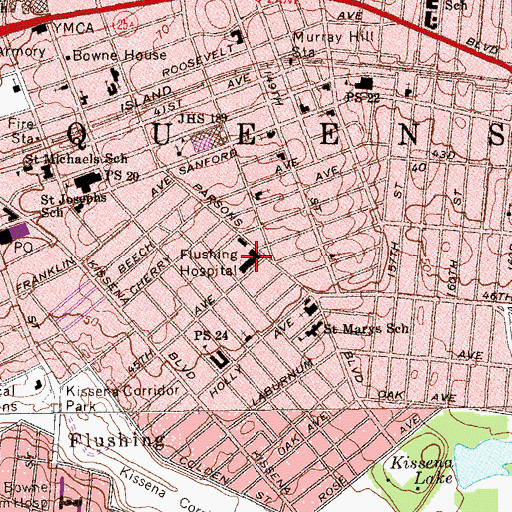 Topographic Map of Flushing Hospital Medical Center, NY