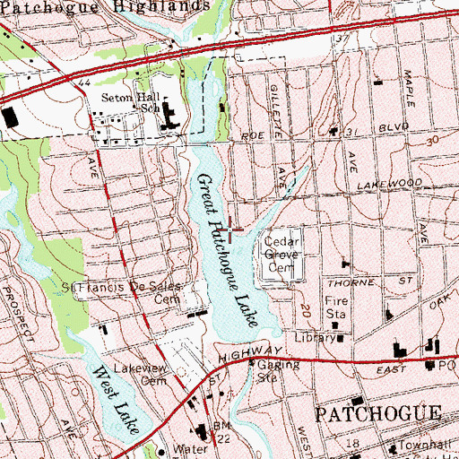 Topographic Map of Great Patchogue Lake, NY