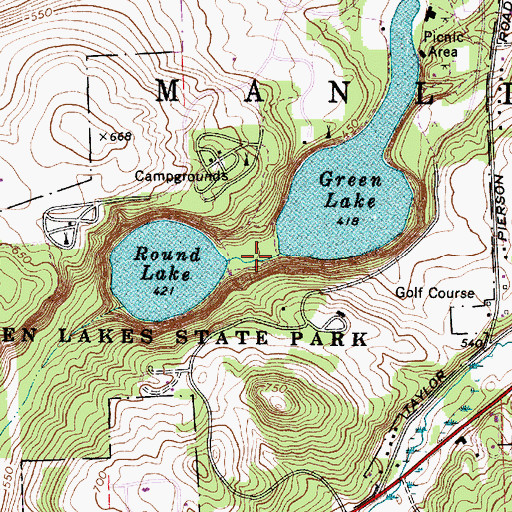 Topographic Map of Green Lakes State Park, NY