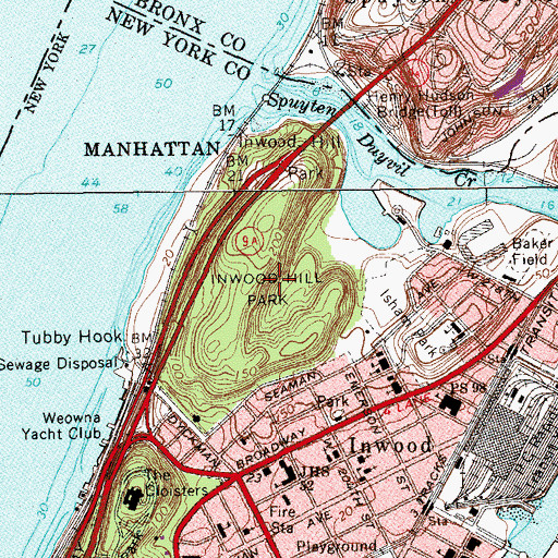 Topographic Map of Inwood Hill Park, NY