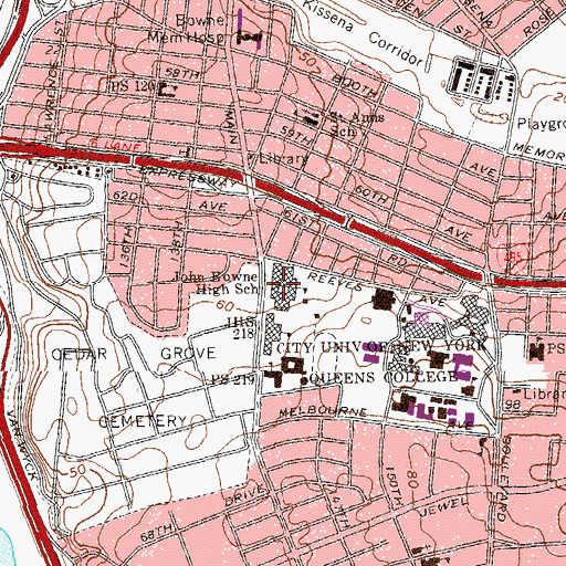 Topographic Map of John Bowne High School, NY