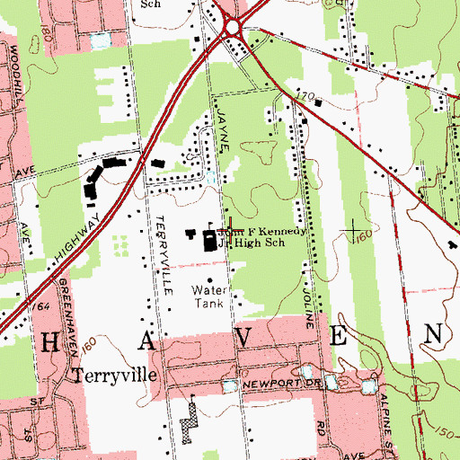 Topographic Map of John F Kennedy Middle School, NY