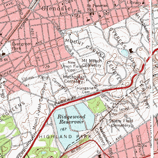 Topographic Map of Machpelah Cemetery, NY