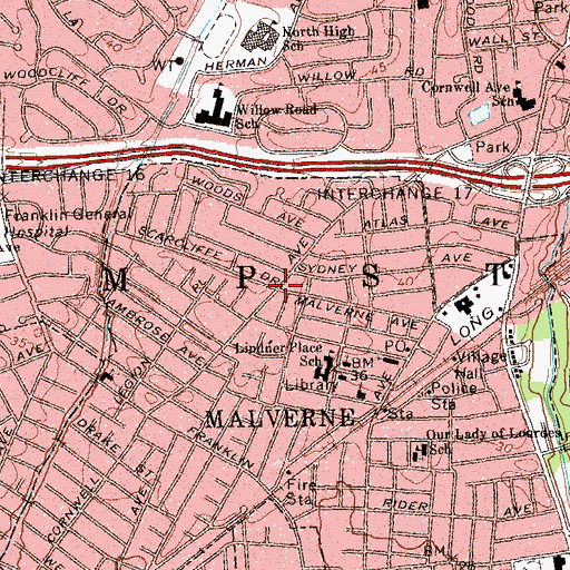 Topographic Map of Malverne, NY