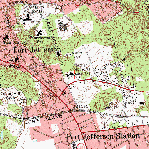 Topographic Map of John Mather Memorial Hospital, NY