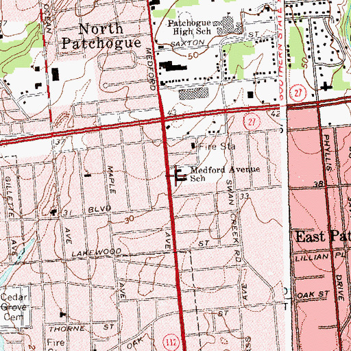 Topographic Map of Medford Elementary School, NY