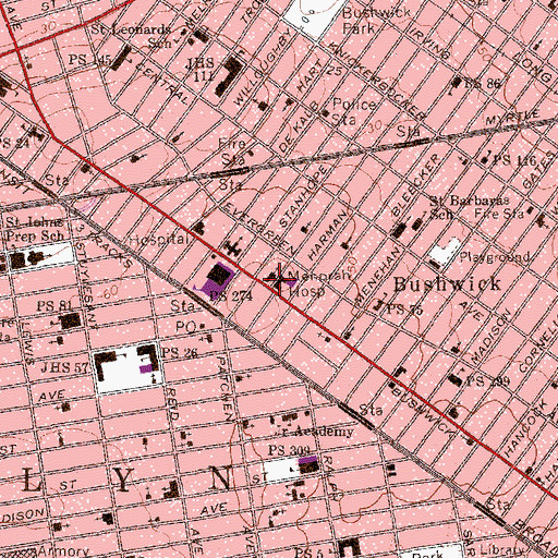Topographic Map of Menorah Home and Hospital Bushwick Avenue Division, NY