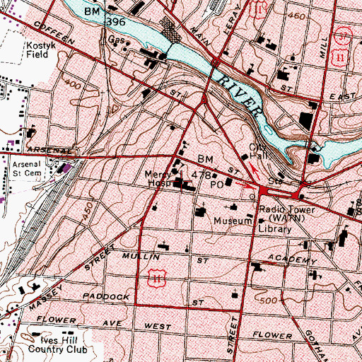 Topographic Map of Mercy Hospital (historical), NY