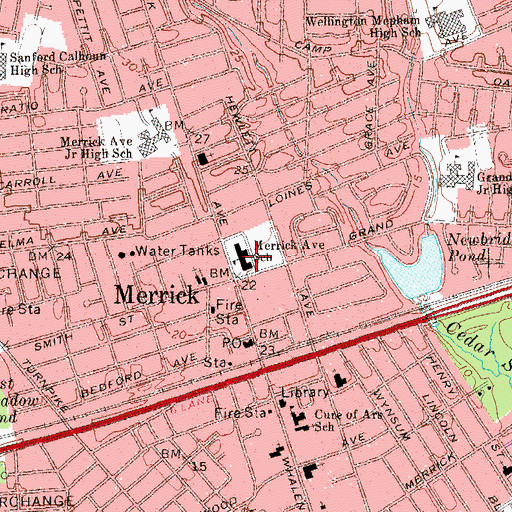 Topographic Map of Merrick Avenue School, NY