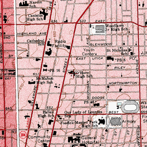 Topographic Map of Bishop O'Hern High School (historical), NY
