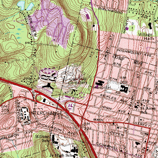 Topographic Map of Oak Hill Cemetery, NY