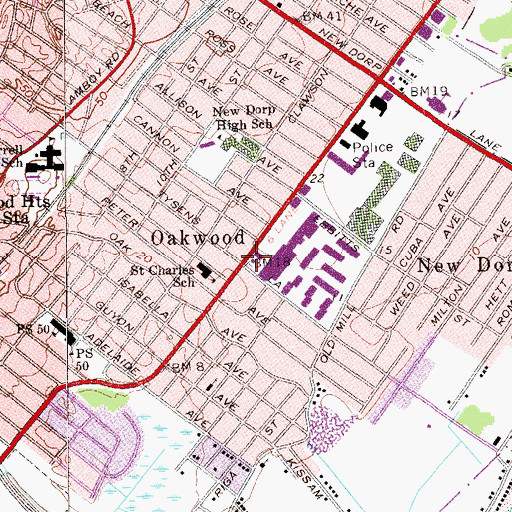 Topographic Map of Oakwood, NY