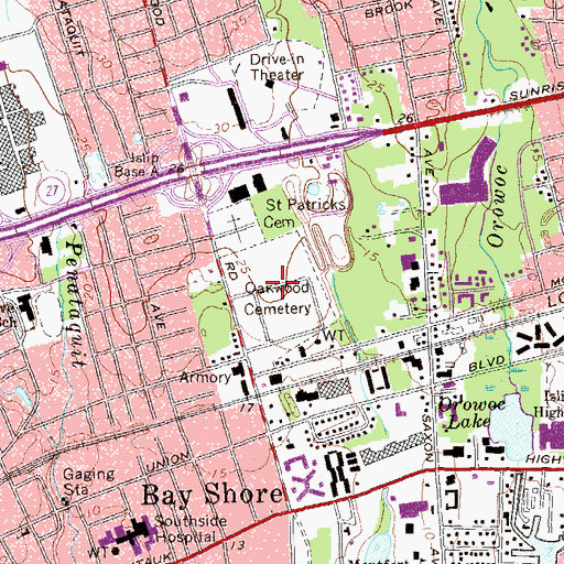 Topographic Map of Oakwood Cemetery, NY