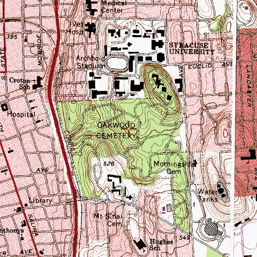 Topographic Map of Oakwood Cemetery, NY