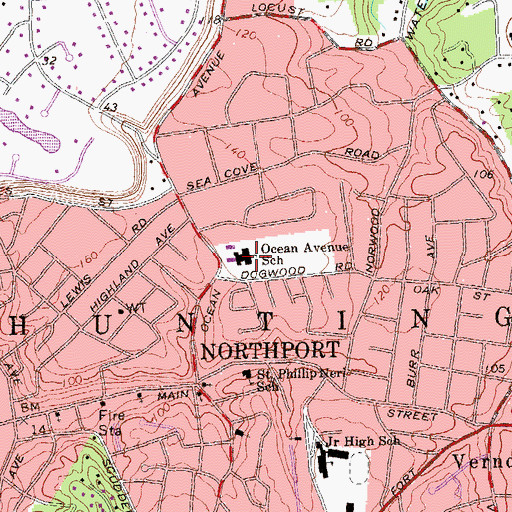 Topographic Map of Ocean Avenue School, NY