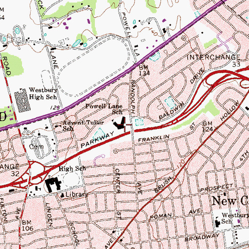 Topographic Map of Powells Lane School, NY