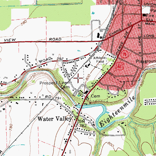 Topographic Map of Prospect Lawn Cemetery, NY