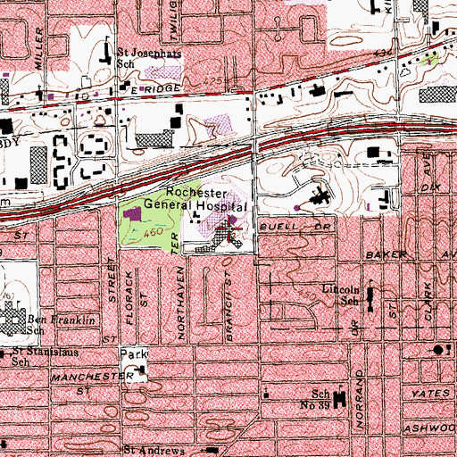 Topographic Map of Rochester General Hospital, NY