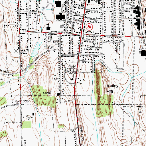 Topographic Map of Rose Gardens, NY