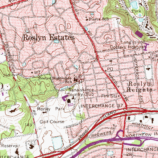 Topographic Map of Roslyn Highlands School, NY