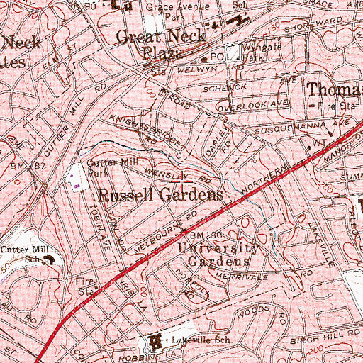 Topographic Map of Russell Gardens, NY