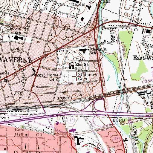 Topographic Map of Saint James Roman Catholic Cemetery, NY