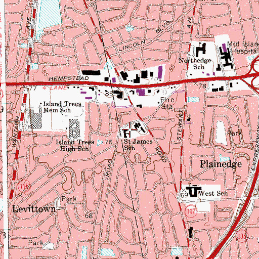 Topographic Map of Saint James School, NY