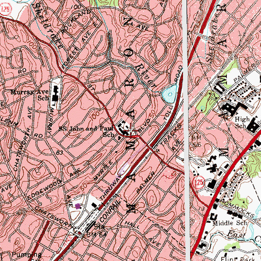 Topographic Map of Saints John and Paul School, NY