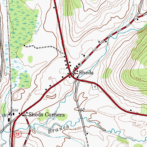 Topographic Map of Sheds, NY