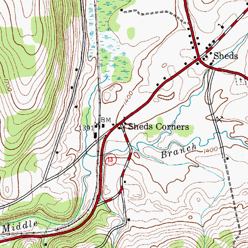 Topographic Map of Sheds Corners, NY