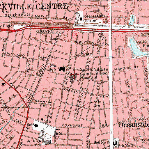 Topographic Map of South Nassau Communities Hospital, NY