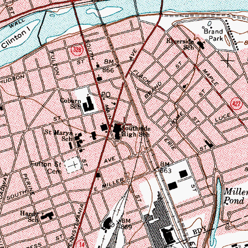Topographic Map of Southside High School (historical), NY