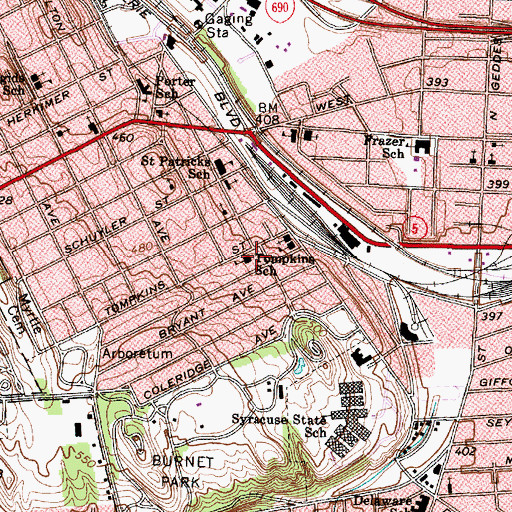 Topographic Map of Tompkins School, NY