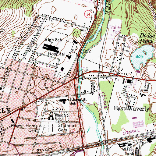 Topographic Map of Waverly, NY