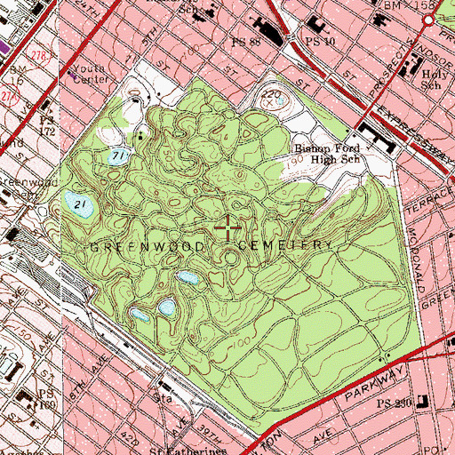 Topographic Map of Green - Wood Cemetery, NY