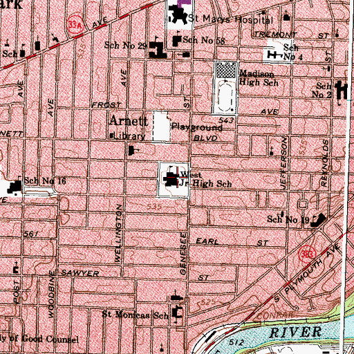 Topographic Map of West Junior High School, NY