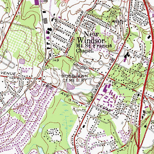 Topographic Map of Woodlawn Cemetery, NY