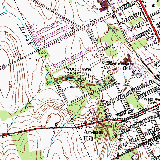 Topographic Map of Woodlawn Cemetery, NY